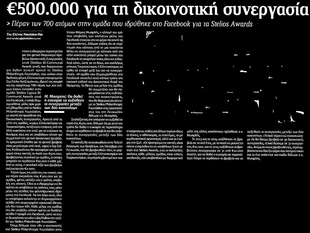 'hön πέραν των 700 ατόμων έχουν ενταχθεί στην ομάδα Stelios Cyprus Bi Communal Awards 2016 στο Facebook η οποία δημιουργήθηκε μόλις πριν μερικές βδομάδες απότο Stelios Philanthropic Foundation με