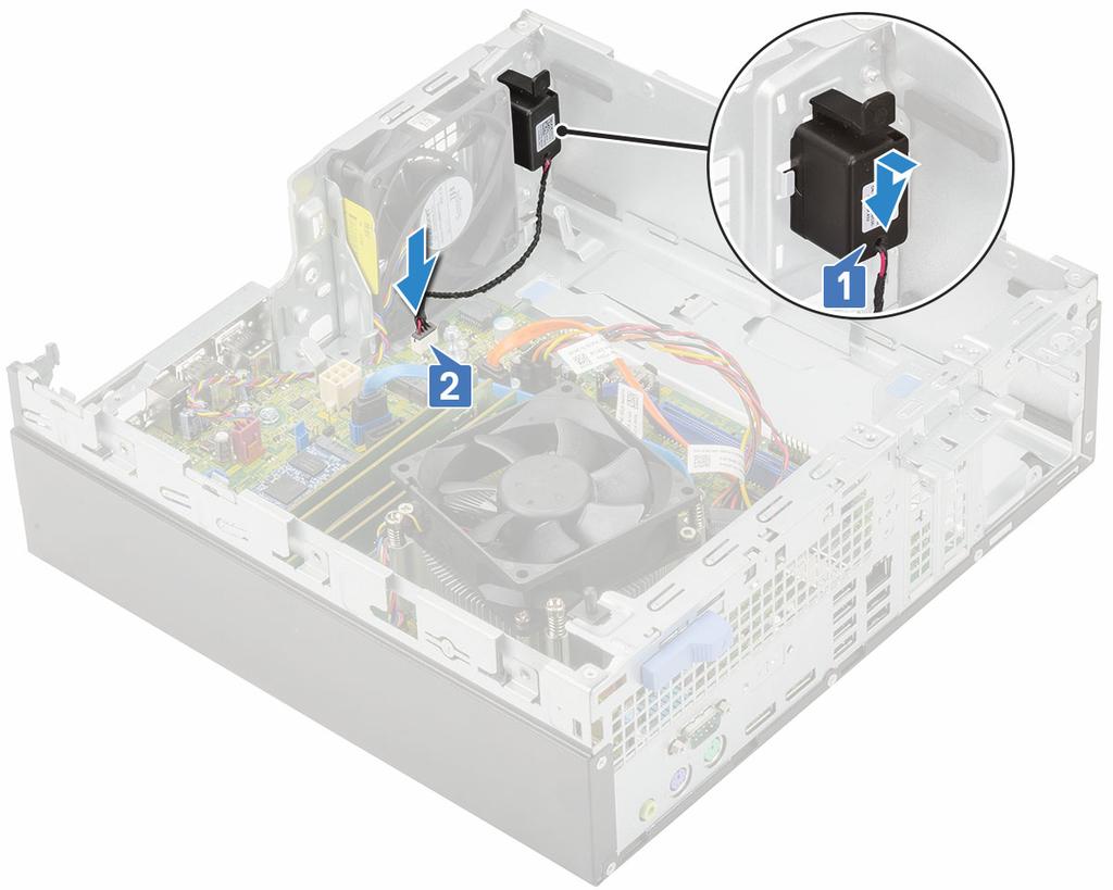 3 Εγκαταστήστε τα εξής εξαρτήματα: a PSU b Ανεμιστήρας ψύκτρας c Αεραγωγός ψύκτρας d Διάταξη σκληρού δίσκου (HDD) e Μονάδα σκληρού δίσκου και οπτικού δίσκου f Μπροστινή στεφάνη συγκράτησης g Πλευρικό