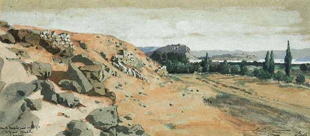 Fowler, Athens & Dedham, 1985 2, σ. 31. 3.000-4.000 453 BOITTE, Louis François, 1830-1906. Ἄποψη τοῦ Ναυπλίου ἀπό τήν Τίρυνθα. Ὑδατογραφία καί μολύβι σέ χαρτί, 200 x 420 mm. Ὑπογεγραμμένο: «L.