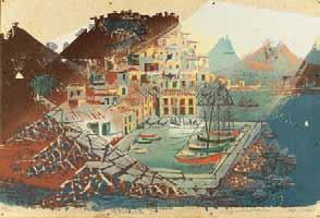 566 566 ΓΡΑΜΜΑΤΟΠΟΥΛΟΣ, Κωνστ. Μήθυμνα I. 1971. Ἔγχρωμη ξυλογραφία σέ πλάγιο ξύλο, 590 x 902 mm.