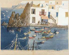 000-1.500 567 567 ΓΡΑΜΜΑΤΟΠΟΥΛΟΣ, Κωνστ. Αἰγαῖον VII. 1970. Ἔγχρωμη ξυλογραφία σέ πλάγιο ξύλο, 438 x 595 mm.