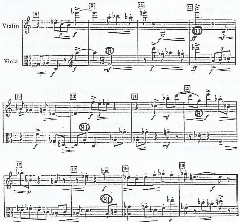 To ακόλουθο παράδειγμα δείχνει μια παραλλαγή του κανόνα του Παρ. 45 με τη βιόλα να ξεκινά την ανάδρομη κίνηση πέντε χρόνους πριν το βιολί (μέτρο 9, Παρ.