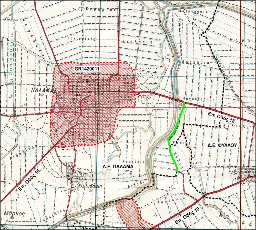 Χάρτης 1: Απόσπασμα φύλλου χάρτη της Γ.Υ.Σ., φύλλο "Σοφάδες", κλίμακας 1:50.000, όπου με πράσινο χρώμα απεικονίζεται η υπό μελέτη οδός ενώ με κόκκινο απεικονίζονται περιοχές του δικτύου Natura 2000.
