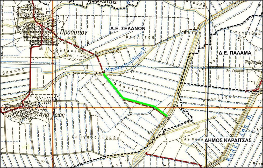 Χάρτης 1: Απόσπασμα φύλλου χάρτη της Γ.Υ.Σ., φύλλο "Καρδίτσα κλίμακας 1:50.000, όπου με πράσινο χρώμα απεικονίζεται η υπό μελέτη οδός. 2.