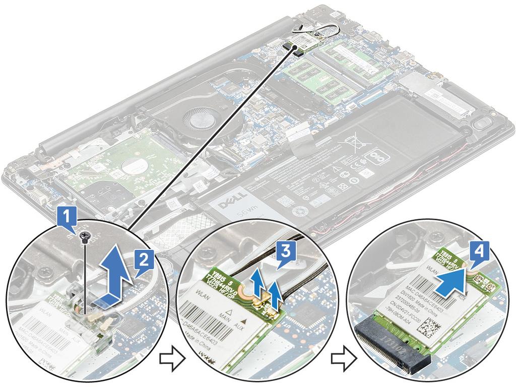 Εγκατάσταση της κάρτας WLAN 1 Περάστε την κάρτα WLAN μέσα στον σύνδεσμό της στην πλακέτα συστήματος.
