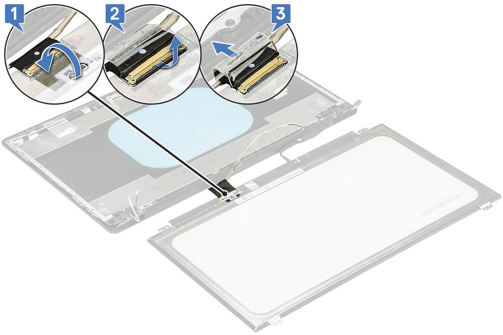 Εγκατάσταση της οθόνης LCD 1 Συνδέστε το καλώδιο της οθόνης LCD στον σύνδεσμό του στο πίσω μέρος της οθόνης LCD. 2 Κολλήστε την κολλητική ταινία.