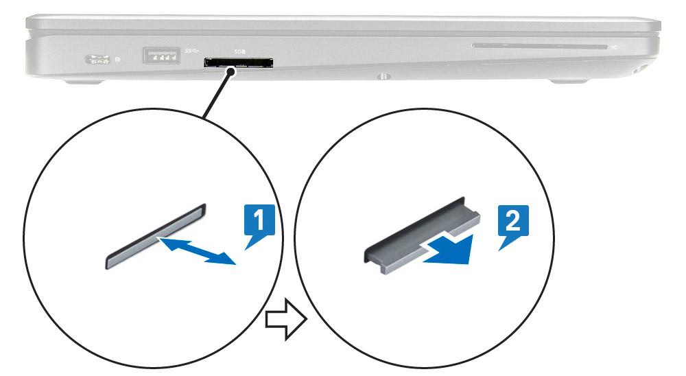 Αφαίρεση της κάρτας SD 1 Ακολουθήστε τη διαδικασία που περιγράφεται στην ενότητα Πριν από την εκτέλεση εργασιών στο εσωτερικό του υπολογιστή σας 2 Πιέστε την κάρτα SD ώστε να βγει από την υποδοχή