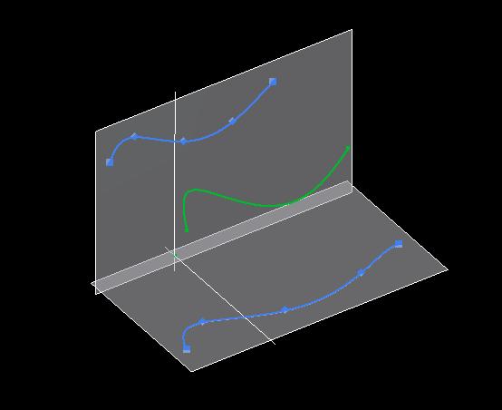 Σχήμα 4.1.13: Η εφαρμογή της εντολής Intersection Curve με ορίσματα συμπαγές στερεό και καμπύλη. Σχήμα 4.1.14: Η εφαρμογή της εντολής Intersection Curve με την τομή δύο καμπύλών στο χώρο.