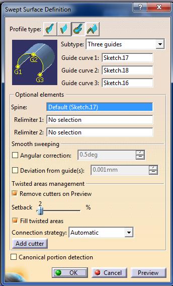 Έπειτα έχουμε την Two guides and radius, ο χρήστης επιλέγει δύο ευθύγραμμα τμήματα