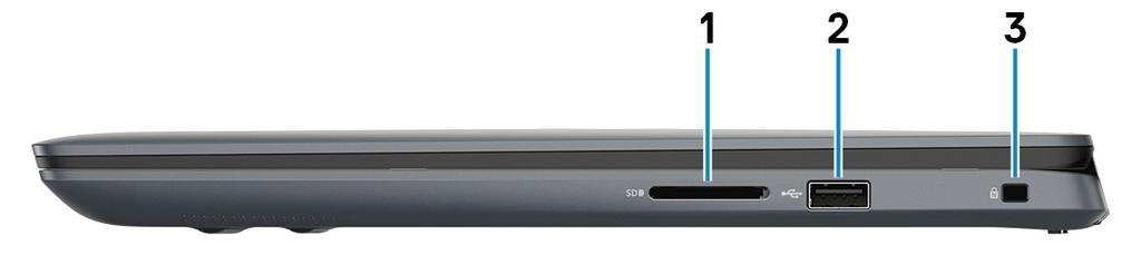 3 Όψεις του Inspiron 5482 Δεξιά πλευρά 1 Υποδοχή κάρτας SD Χρησιμεύει για την ανάγνωση και την εγγραφή στην κάρτα SD. 2 Θύρα USB 2.