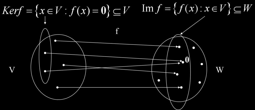 Η εικόνα του μετασχηματισμού Im ( ) : f f x xv W Τον πυρήνα του μετασχηματισμού : ( ) 0 Σχηματικά τα δύο αυτά σύνολα είναι τα ακόλουθα: f, που Kerf xv f x V Τα δύο αυτά σύνολα είναι διανυσματικοί