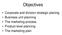 Objectives. Corporate and division strategic planing Business unit planning The marketing process Product level planning The marketing plan